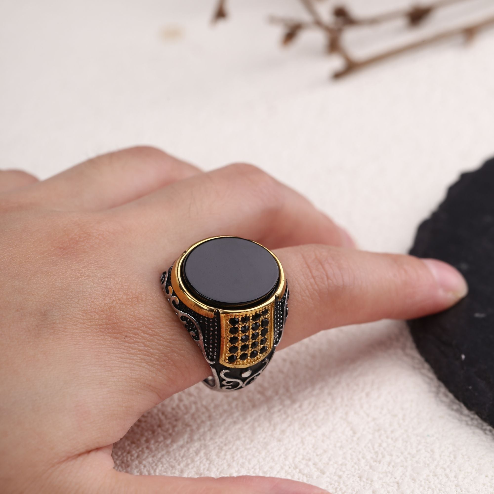 Vintage Black Turquoise Stainless Steel Ring