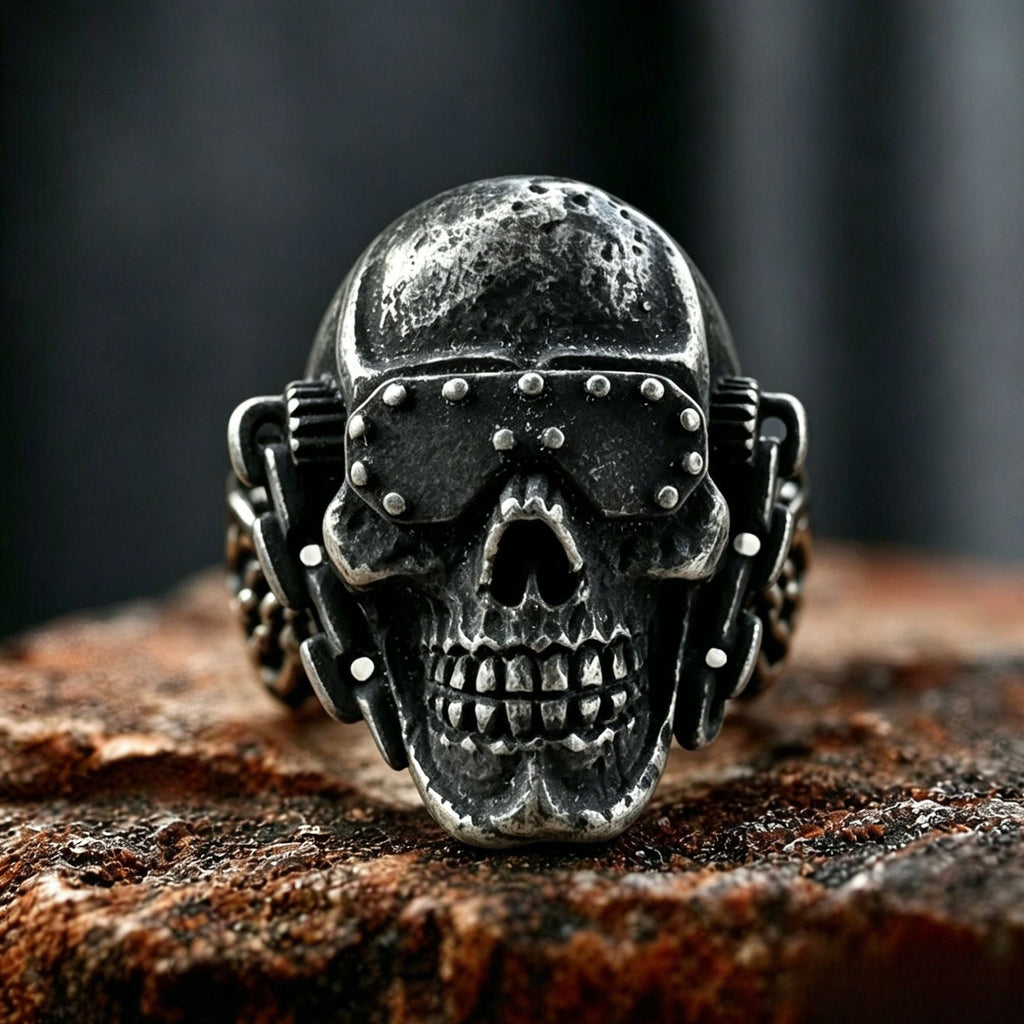 Rivet Goggle Skull Stainless Steel Ring