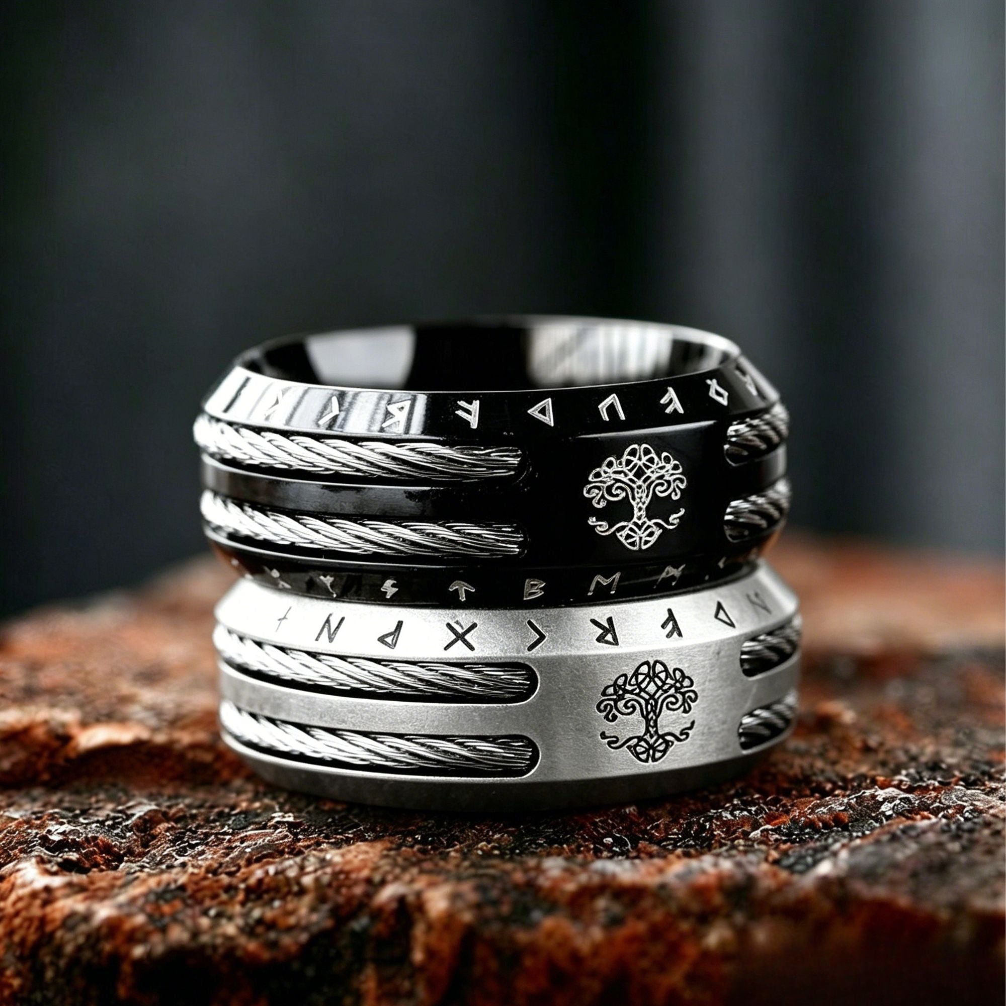 Yggdrasil Rune Wire Inlay Stainless Steel Ring