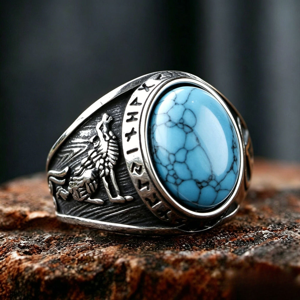 Turquoise Raven Rune Stainless Steel Ring
