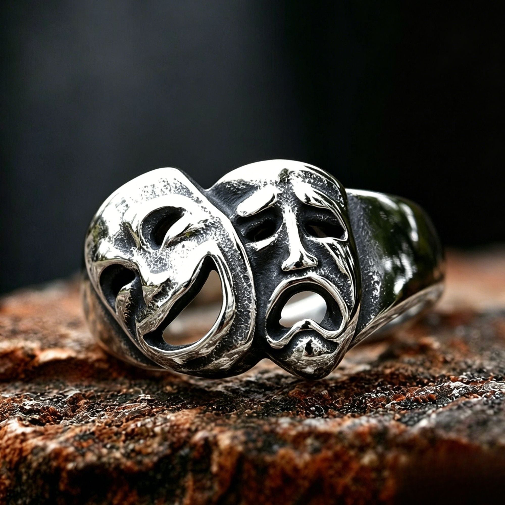 Comedy Tragedy Theater Mask Stainless Steel Ring
