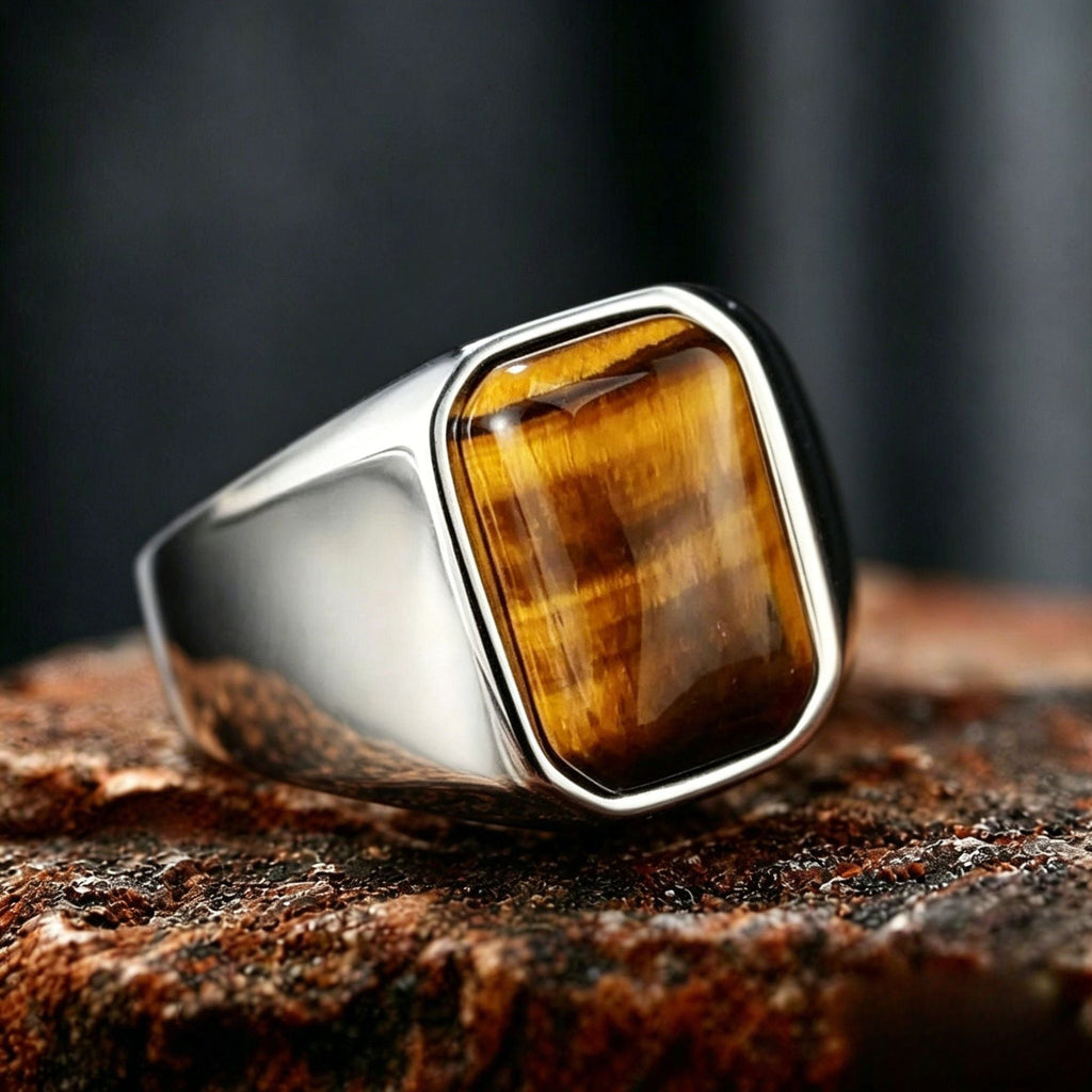 Square Tiger-Eye Stainless Steel Ring