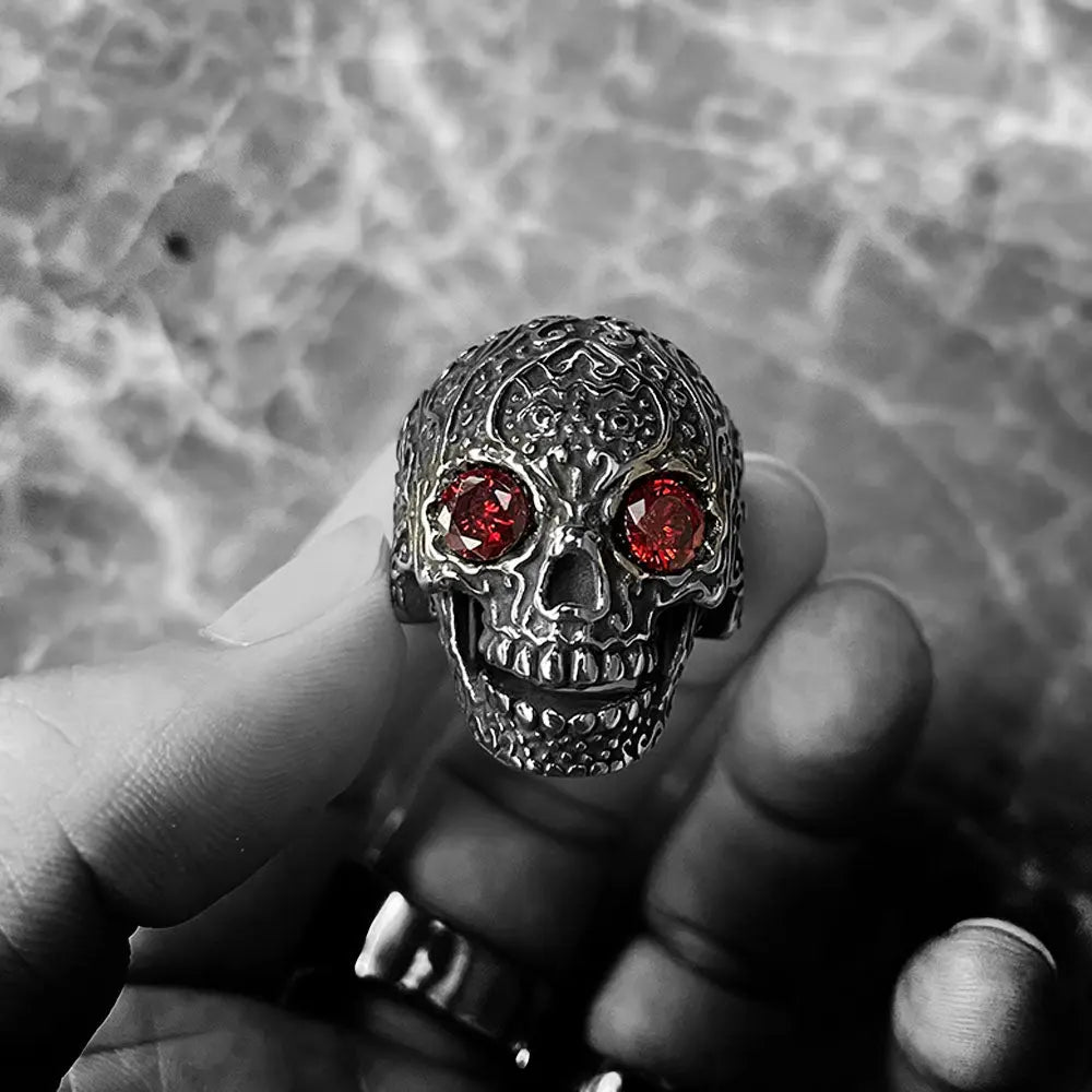 Carved Skull With Gemstone Eyes Ring