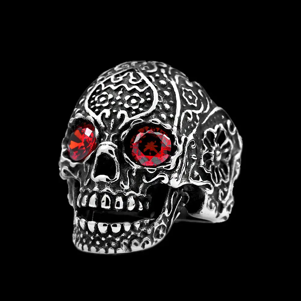 Carved Skull With Gemstone Eyes Ring