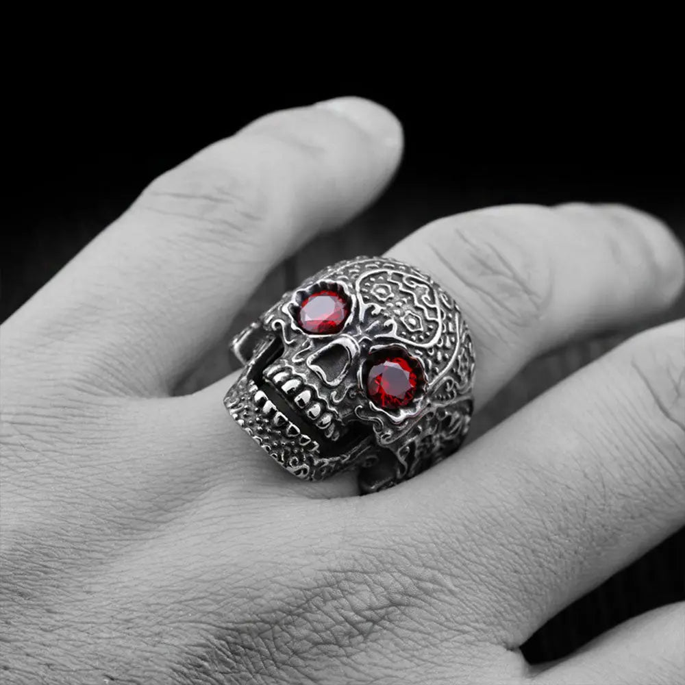 Carved Skull With Gemstone Eyes Ring