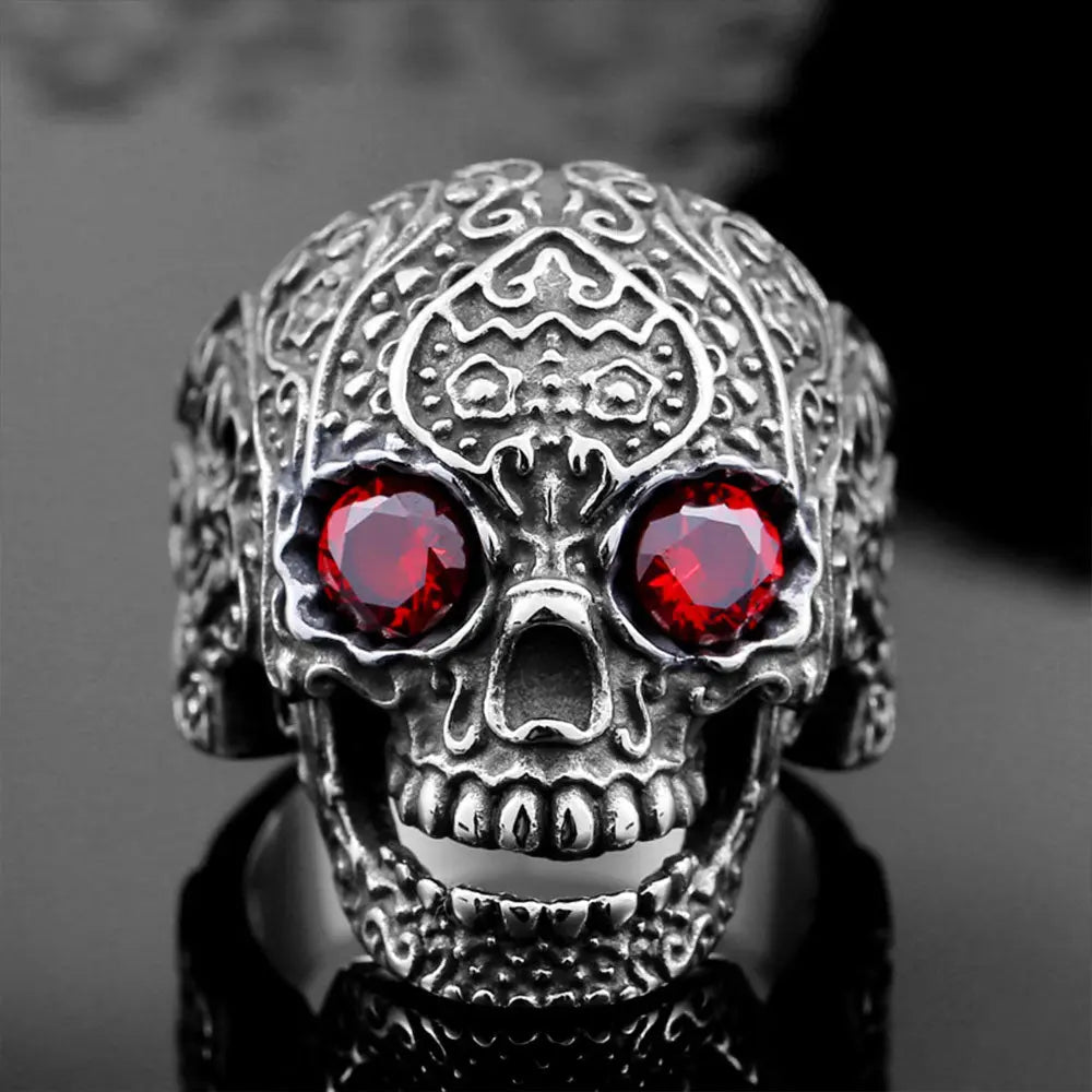 Carved Skull With Gemstone Eyes Ring