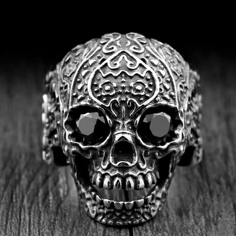 Carved Skull With Gemstone Eyes Ring