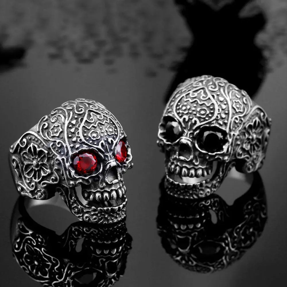 Carved Skull With Gemstone Eyes Ring