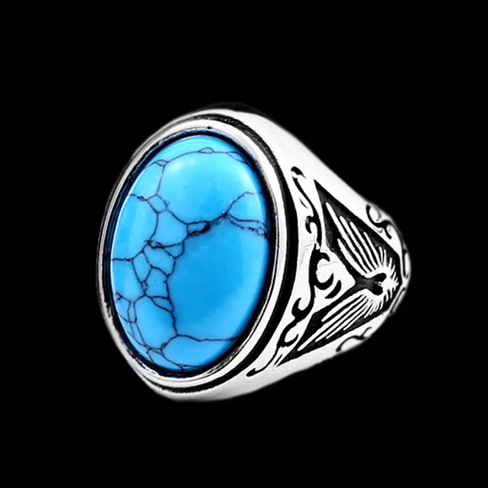 Carved Turquoise-Obsidian Stainless Steel Ring