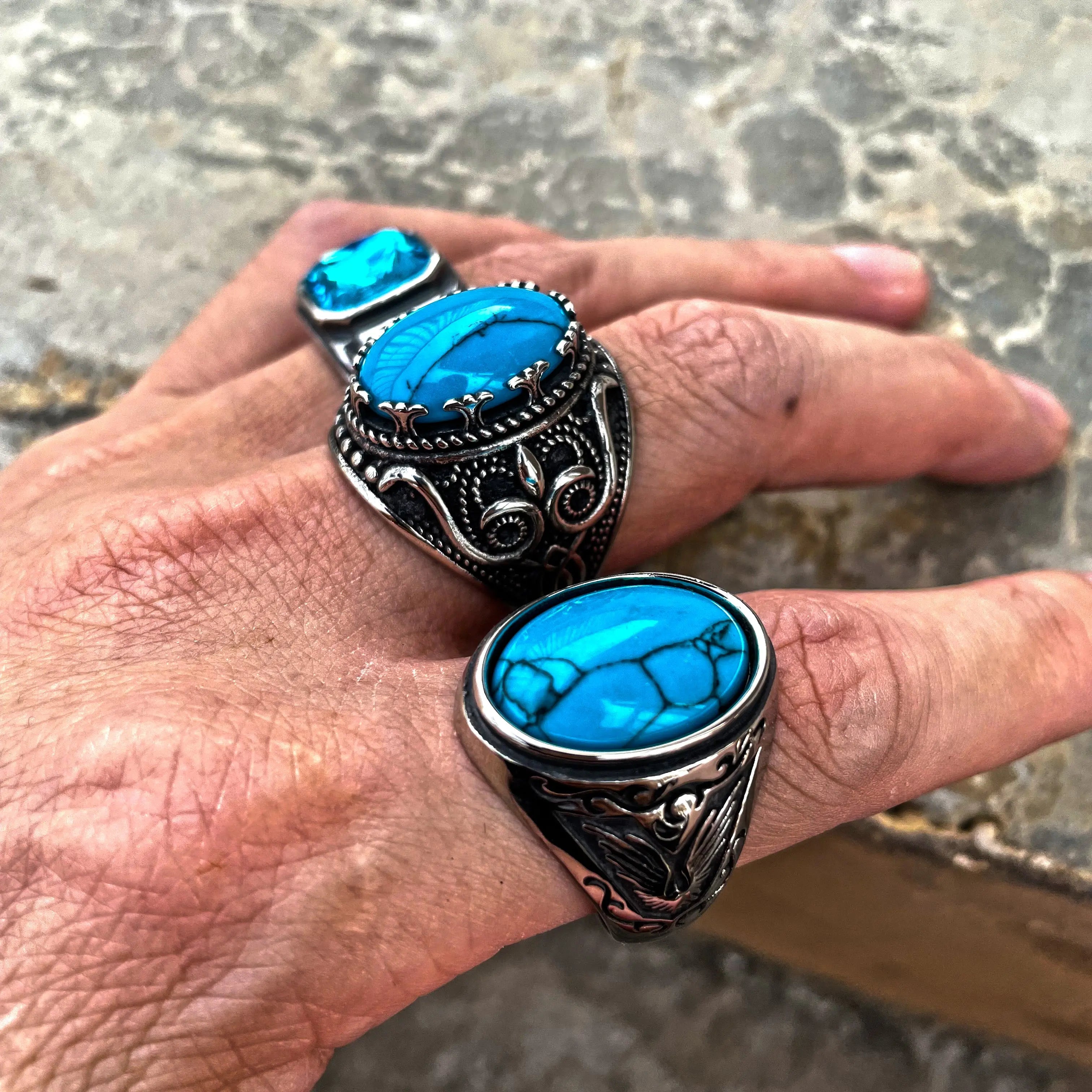 Carved Turquoise-Obsidian Stainless Steel Ring