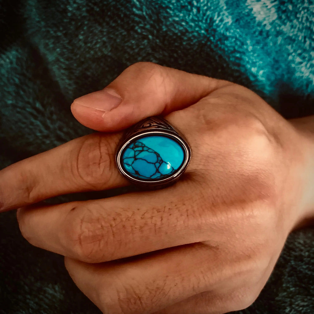 Carved Turquoise-Obsidian Stainless Steel Ring