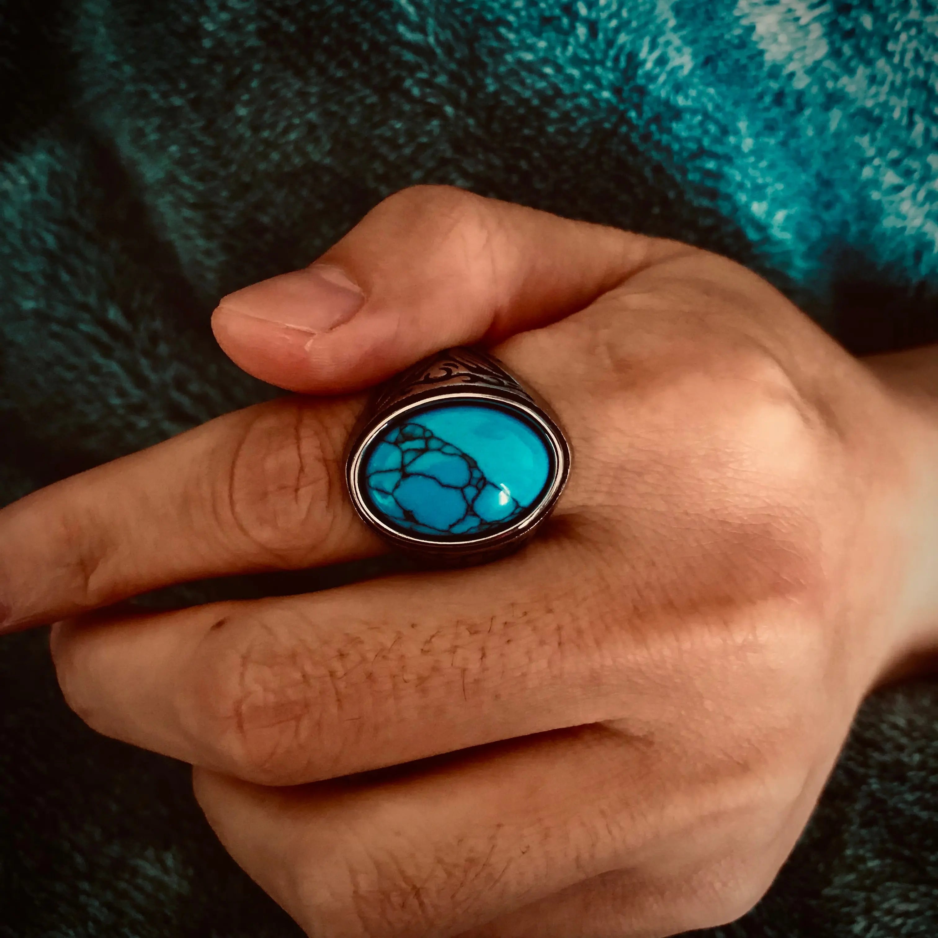 Carved Turquoise-Obsidian Stainless Steel Ring