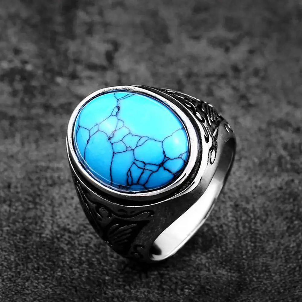Carved Turquoise-Obsidian Stainless Steel Ring