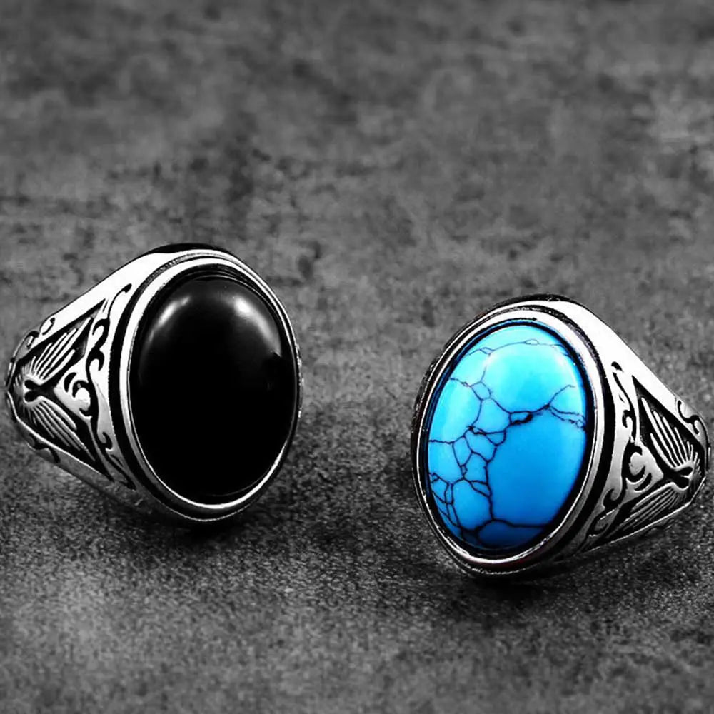 Carved Turquoise-Obsidian Stainless Steel Ring