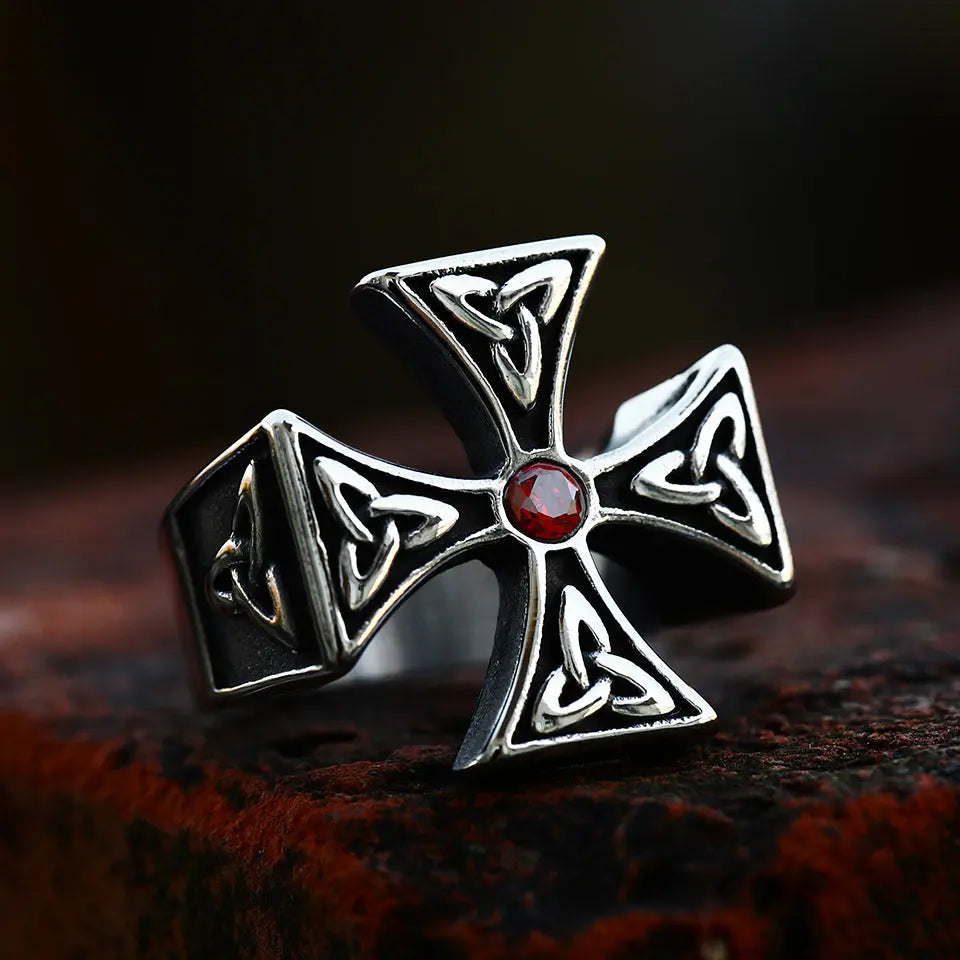 Celtic Knot Cross With Gemstone Stainless Steel Ring