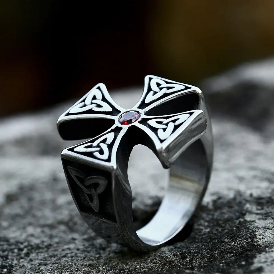 Celtic Knot Cross With Gemstone Stainless Steel Ring