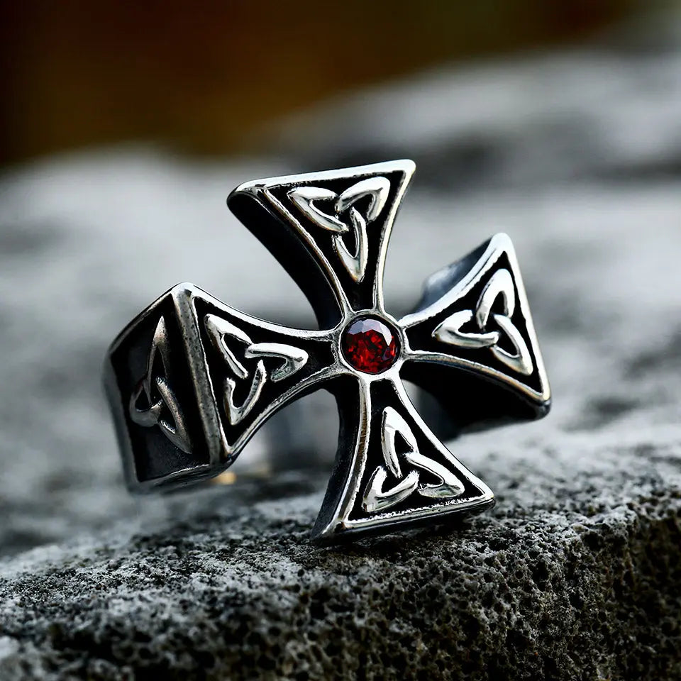Celtic Knot Cross With Gemstone Stainless Steel Ring