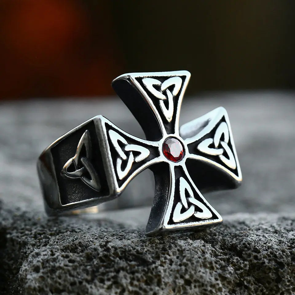 Celtic Knot Cross With Gemstone Stainless Steel Ring