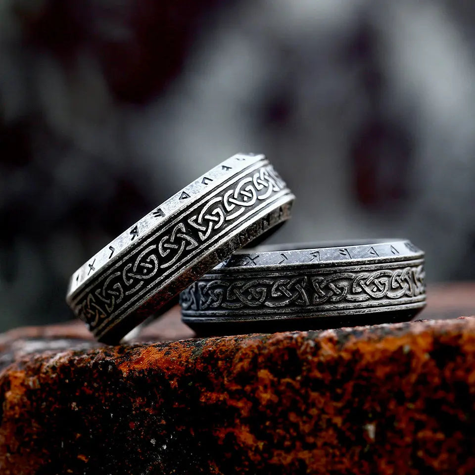 Classic Celtic Knot With Runes Engraved  Stainless Steel Ring