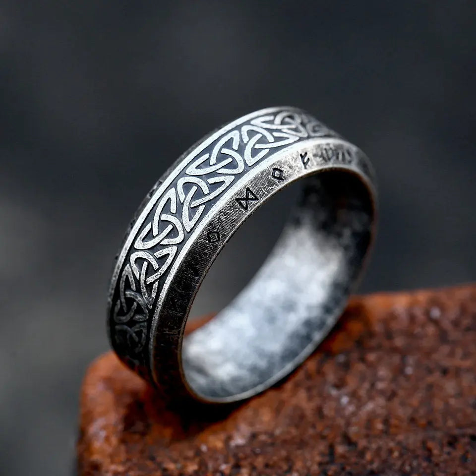 Classic Celtic Knot With Runes Engraved  Stainless Steel Ring