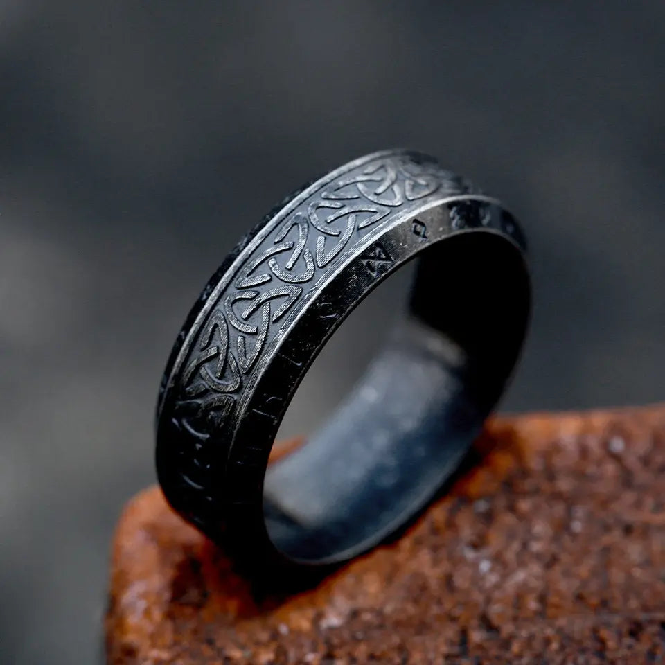 Classic Celtic Knot With Runes Engraved  Stainless Steel Ring