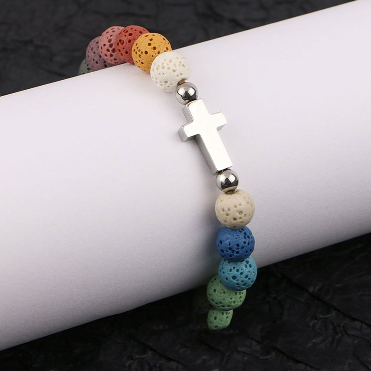 Colorful Lava Stone Bead Cross Bracelet