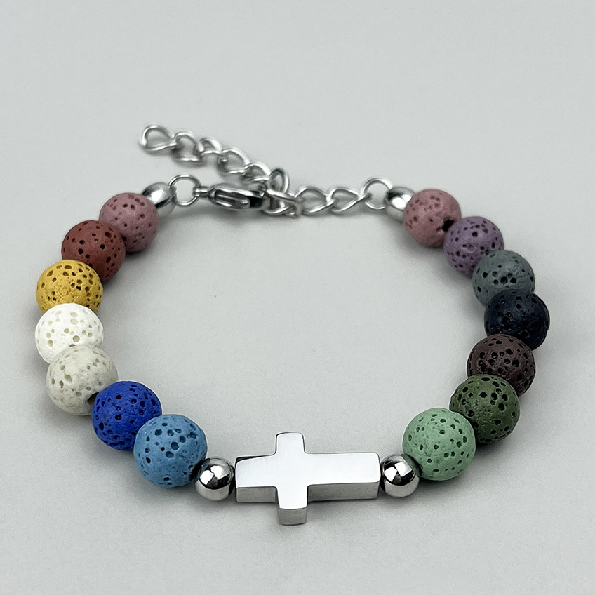 Colorful Lava Stone Bead Cross Bracelet