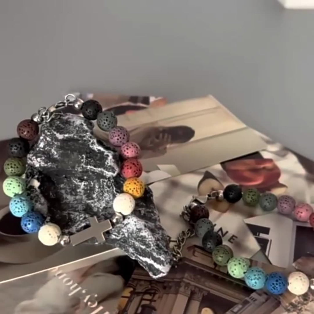 Colorful Lava Stone Bead Cross Bracelet