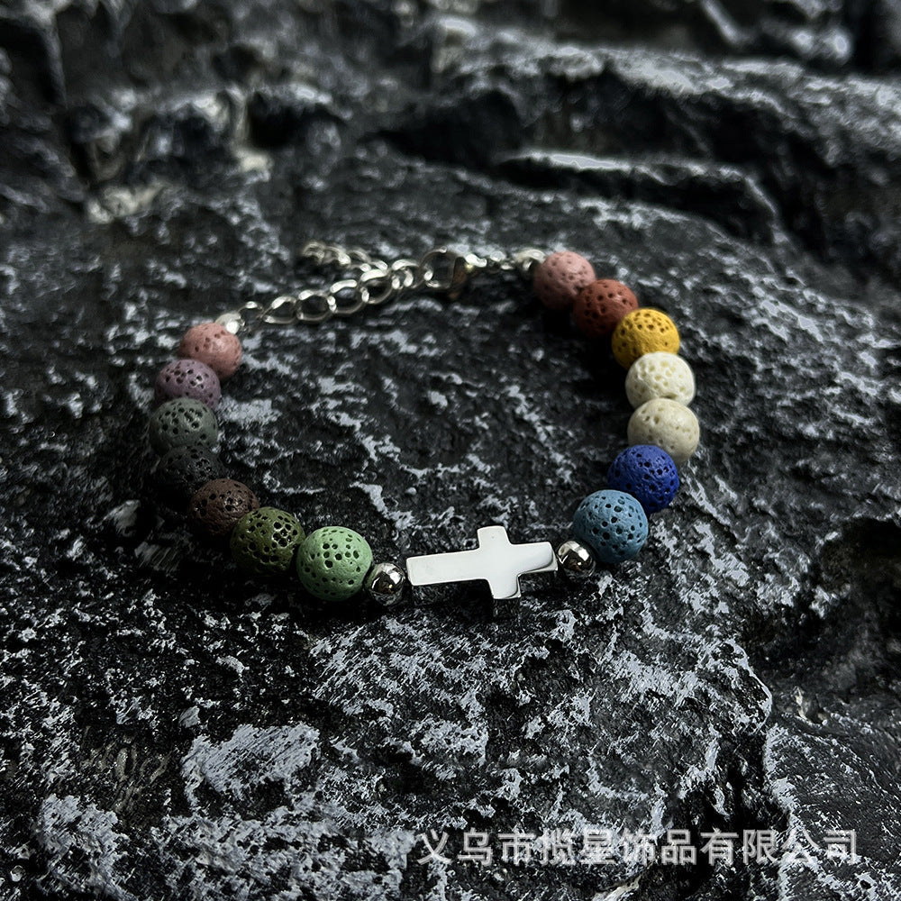 Colorful Lava Stone Bead Cross Bracelet