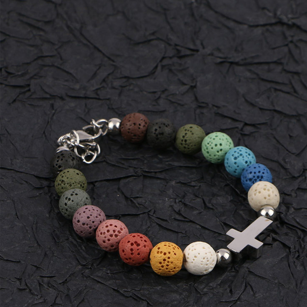 Colorful Lava Stone Bead Cross Bracelet