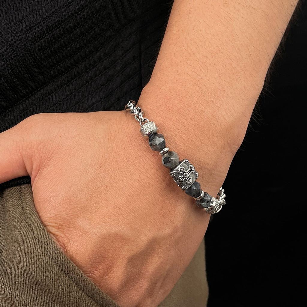 Cross-Pattern Obsidian Beaded Chain Bracelet