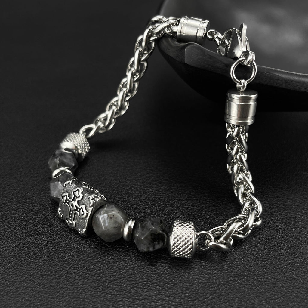 Cross-Pattern Obsidian Beaded Chain Bracelet