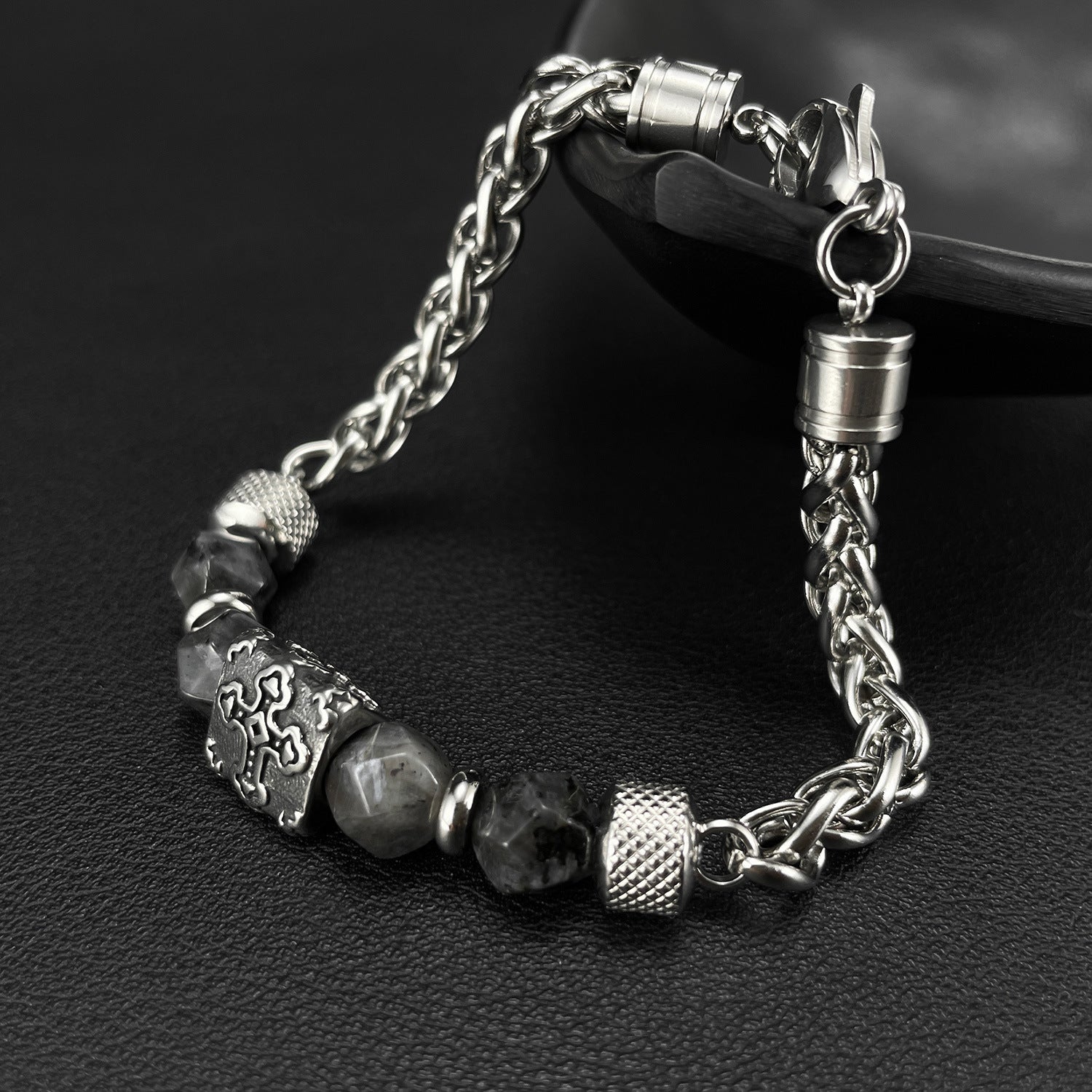 Cross-Pattern Obsidian Beaded Chain Bracelet