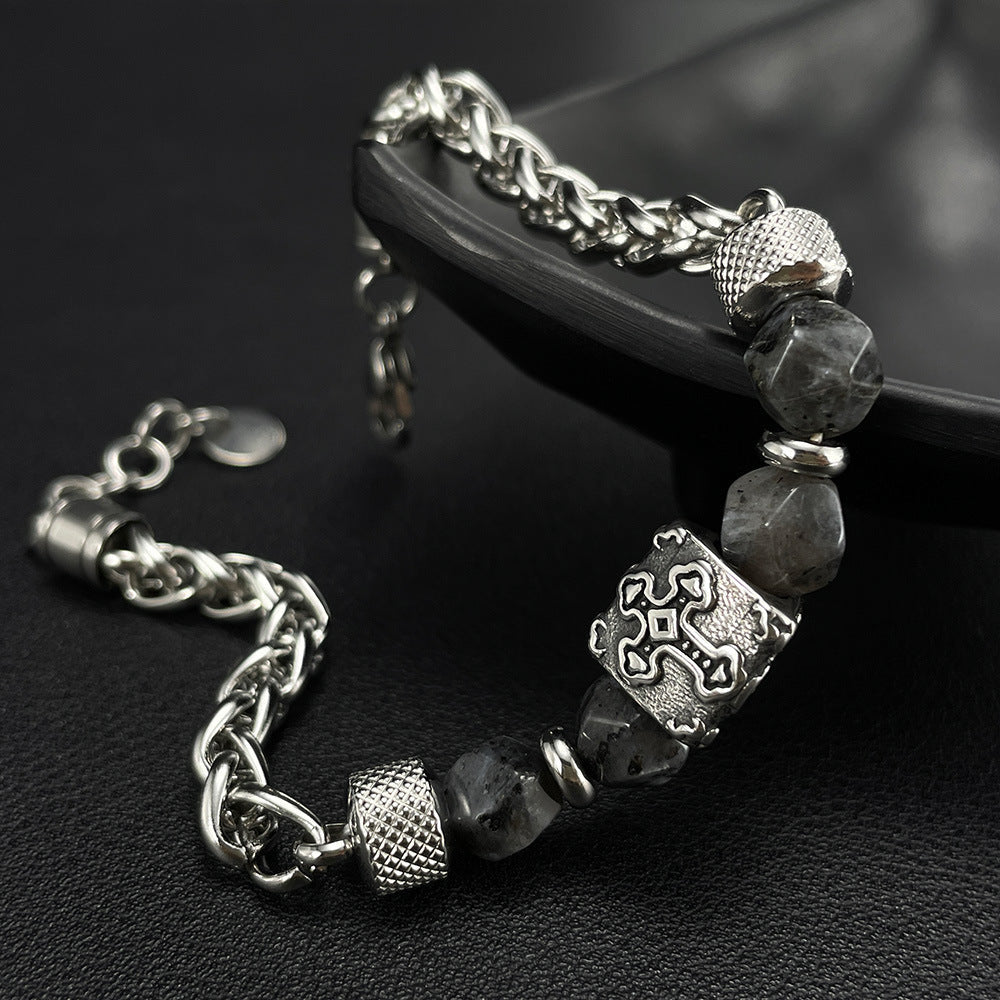 Cross-Pattern Obsidian Beaded Chain Bracelet