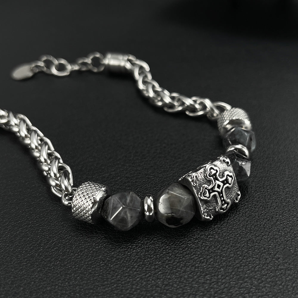 Cross-Pattern Obsidian Beaded Chain Bracelet