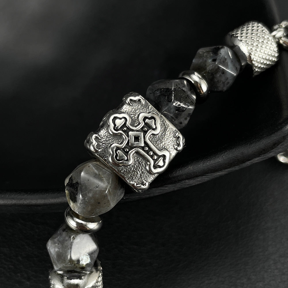 Cross-Pattern Obsidian Beaded Chain Bracelet