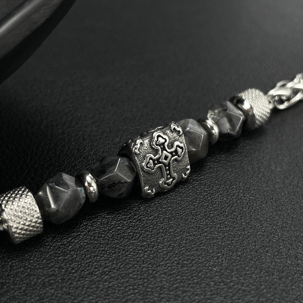Cross-Pattern Obsidian Beaded Chain Bracelet