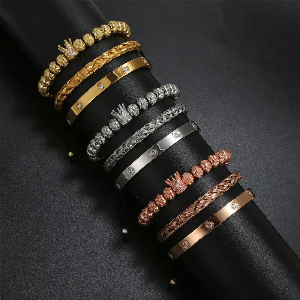 Crown Roman Numeral Royal Charm Bracelet Set