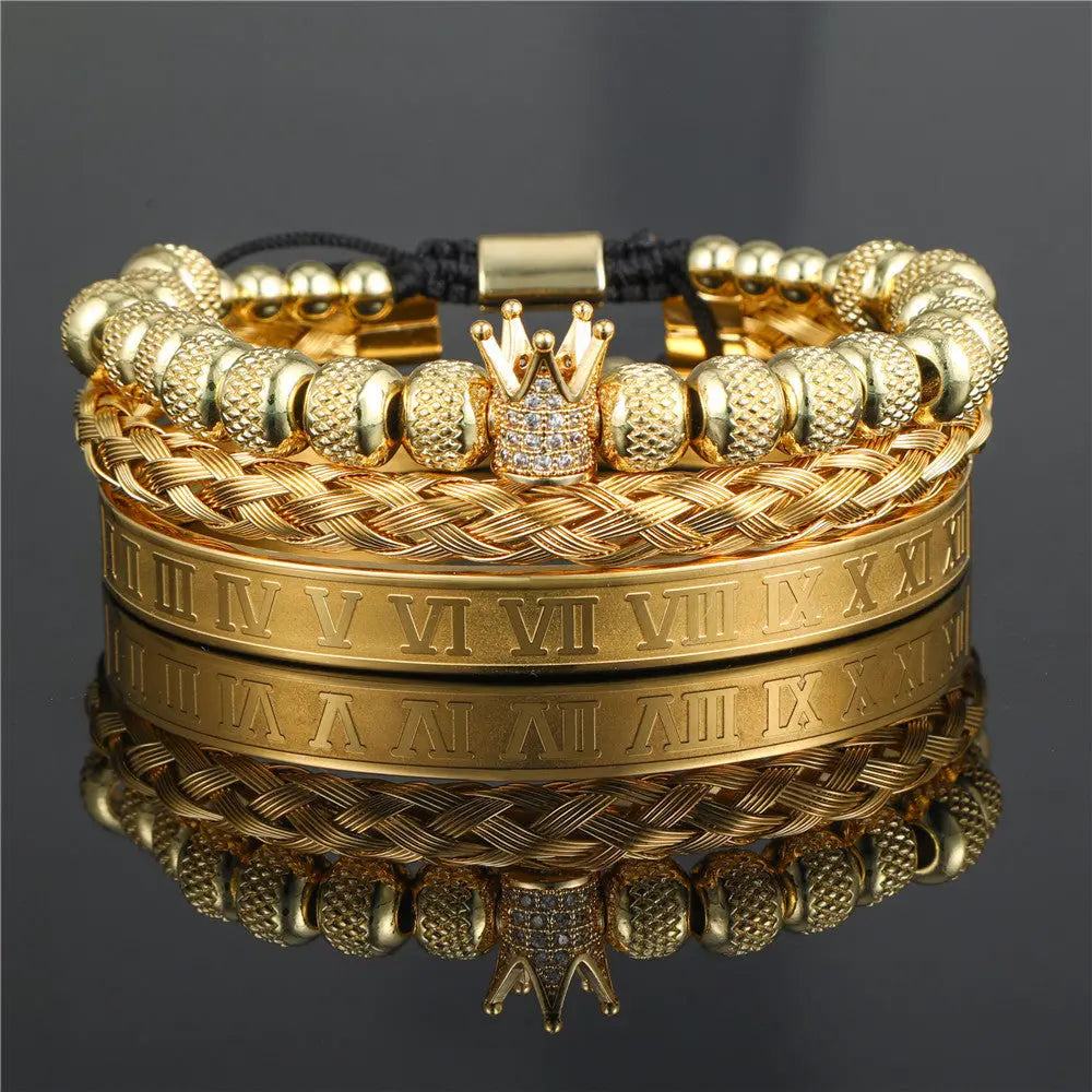 Crown Roman Numeral Royal Charm Bracelet Set