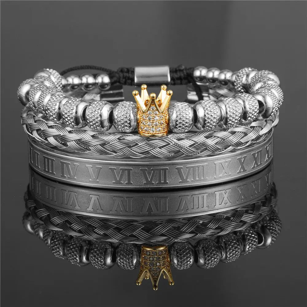 Crown Roman Numeral Royal Charm Bracelet Set
