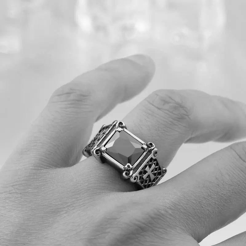 Cushion Gemstone Cross Stainless Steel Ring