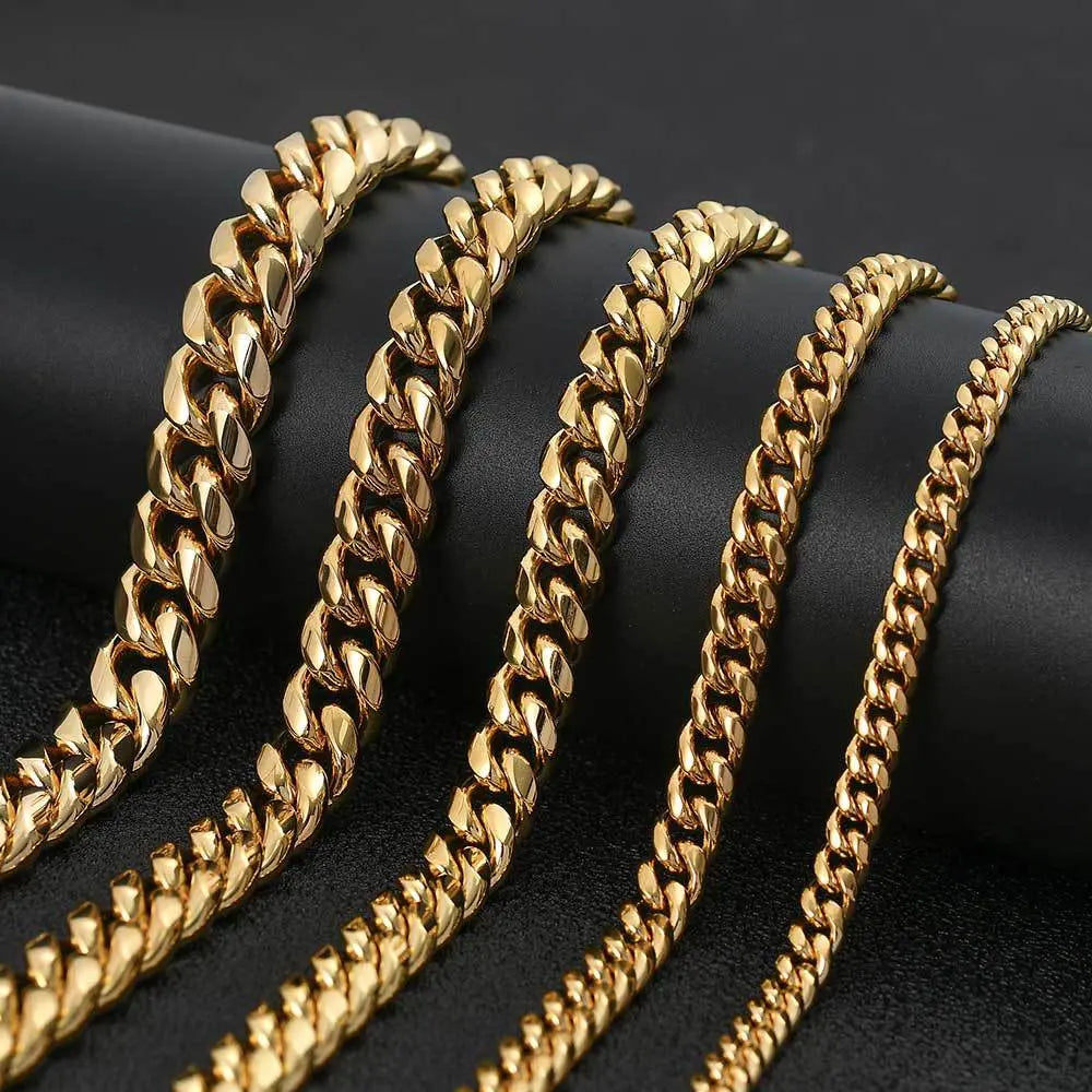 Cylindrical Stone Inlaid Open-Box Clasp Cuban Chain-Gold