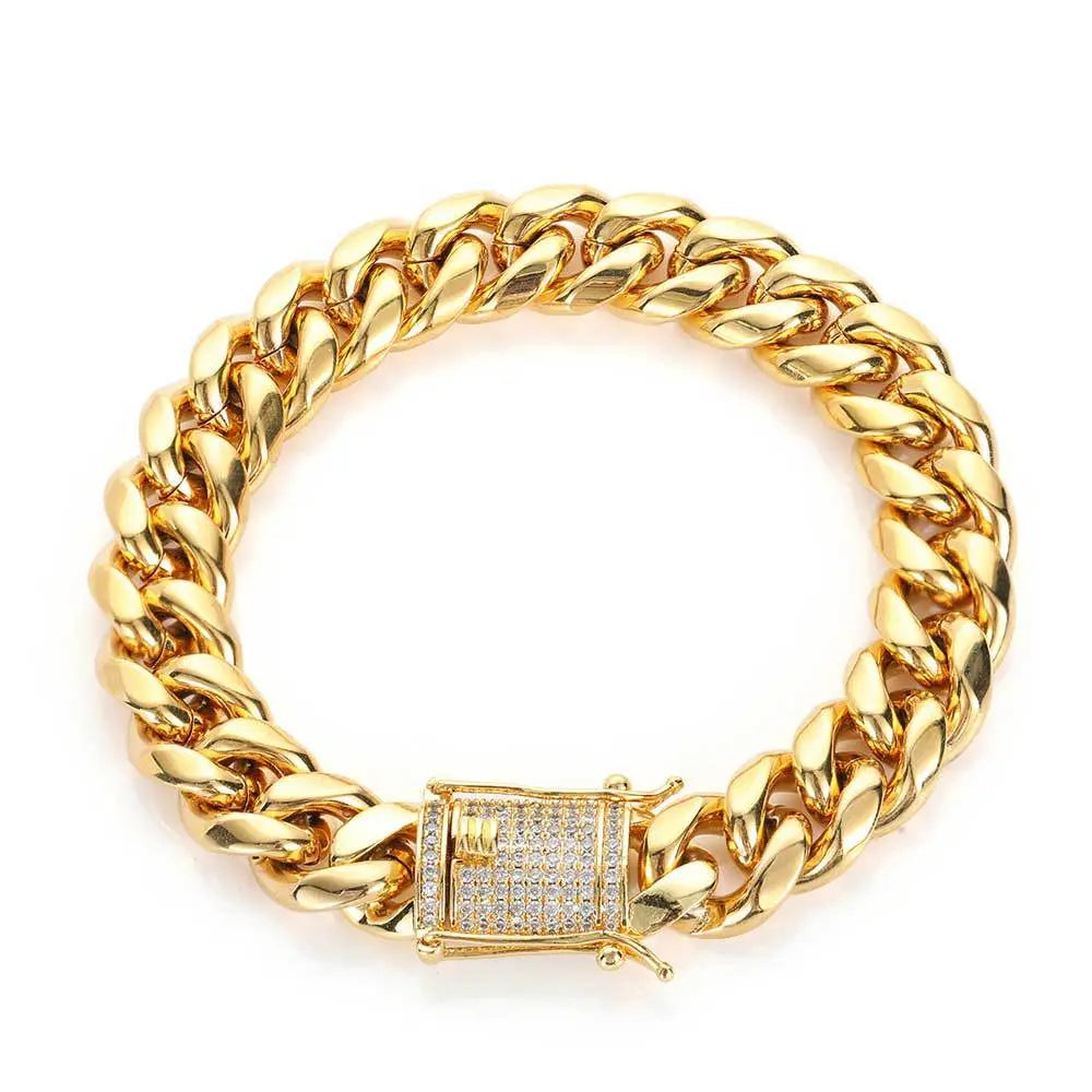 Cylindrical Stone Inlaid Open-Box Clasp Cuban Chain-Gold