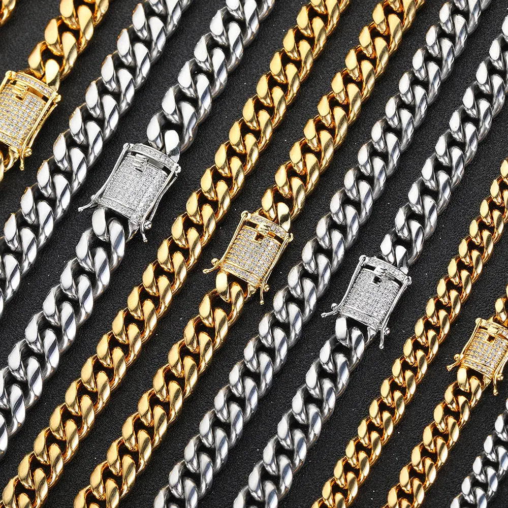 Cylindrical Stone Inlaid Open-Box Clasp Cuban Chain-Gold