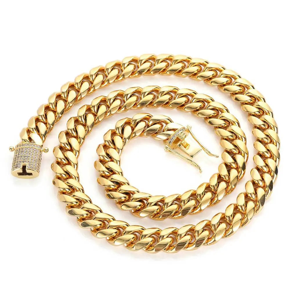 Cylindrical Stone Inlaid Open-Box Clasp Cuban Chain-Gold
