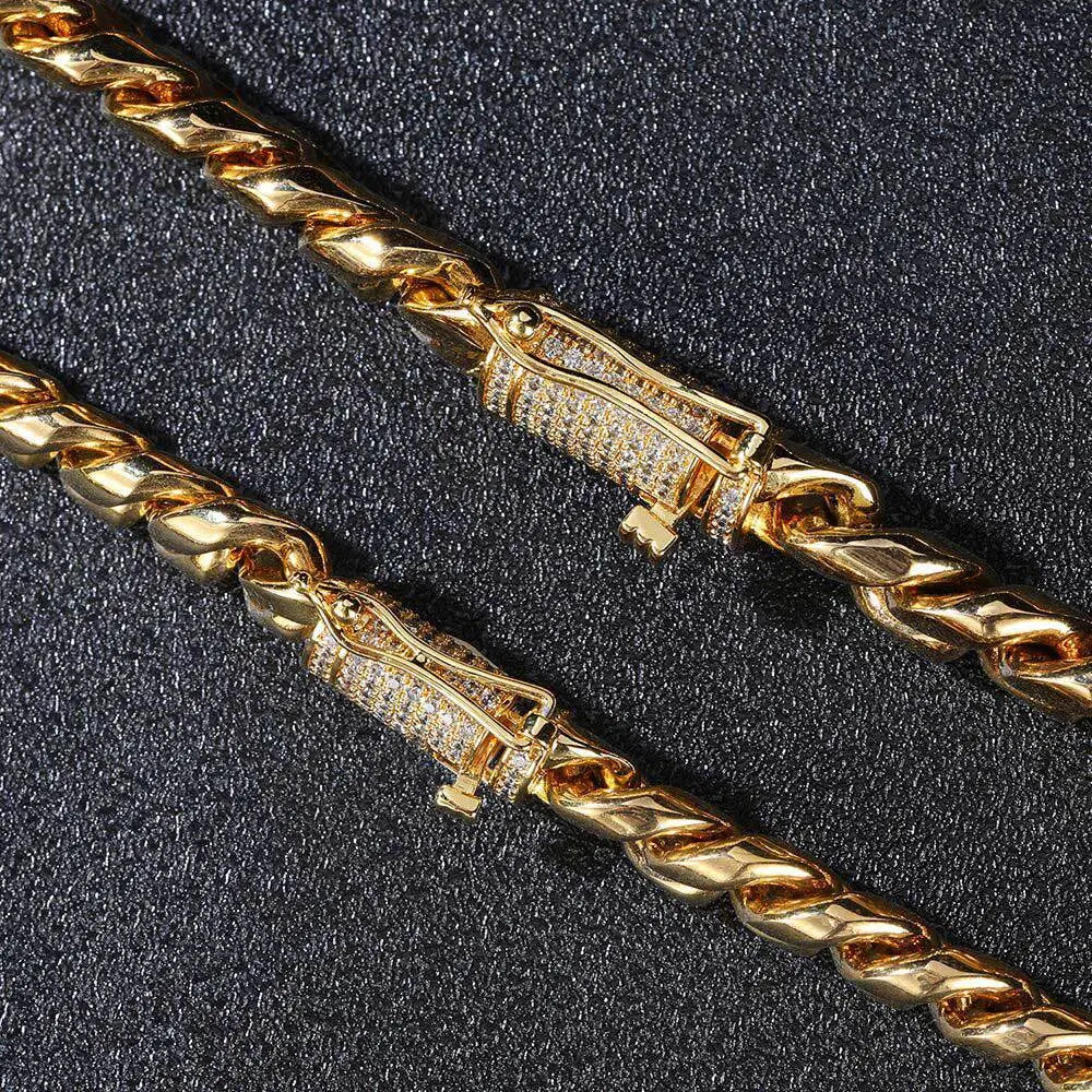 Cylindrical Stone Inlaid Open-Box Clasp Cuban Chain-Gold