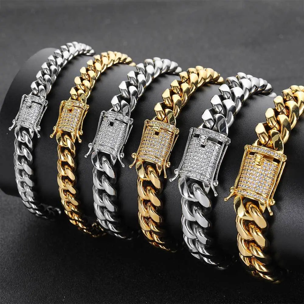 Cylindrical Stone Inlaid Open-Box Clasp Cuban Chain-Gold