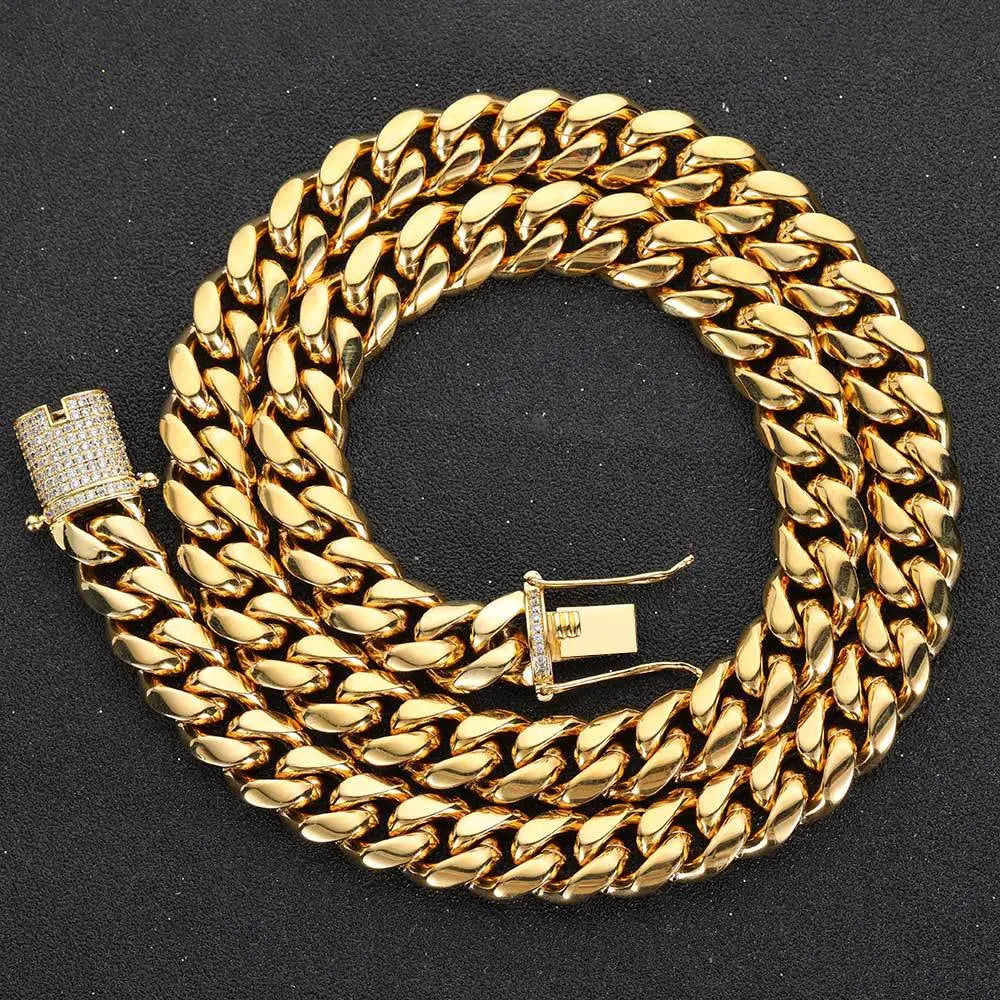 Cylindrical Stone Inlaid Open-Box Clasp Cuban Chain-Gold