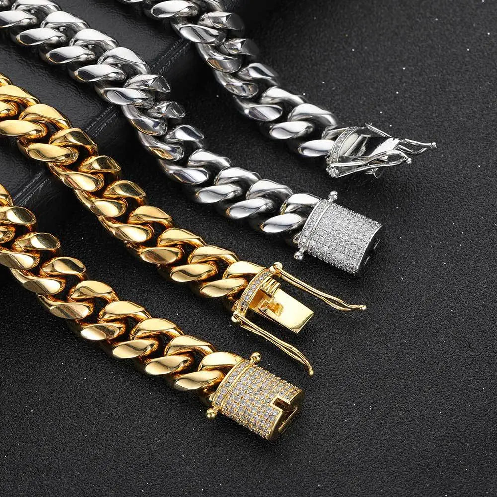 Cylindrical Stone Inlaid Open-Box Clasp Cuban Chain-Gold