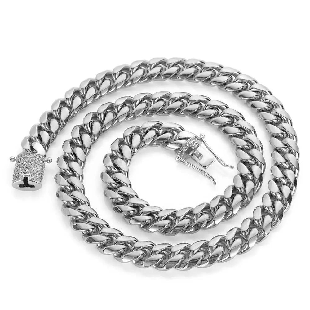 Cylindrical Stone Inlaid Open-Box Clasp Cuban Chain-Silver
